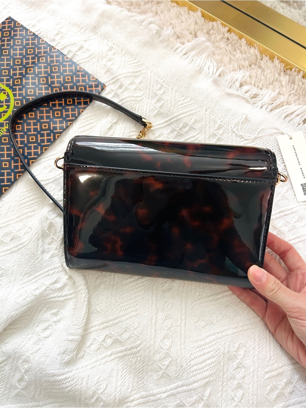 NWT🌞Tory Burch Emerson Tortoise Patent Wallet on Chain 165943 Crossbody Bag Gift - Picture 5 of 6